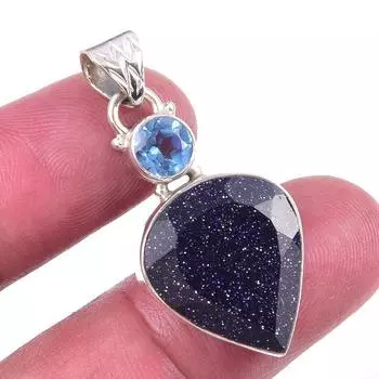 Natural Blue Sunstone,Blue Topaz Gemstone 925 Solid Silver Pendant 1.25 l8U77