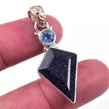 Natural Blue Sunstone,Blue Topaz Gemstone 925 Solid Silver Pendant 1.75 q0J35