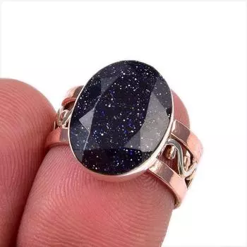 Natural Blue Sunstone Gemstone 925 Solid Sterling Silver Two Tone Ring S.6 t2i61