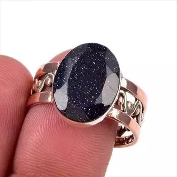 Natural Blue Sunstone Gemstone 925 Solid Sterling Silver Two Tone Ring S.9 F6q29