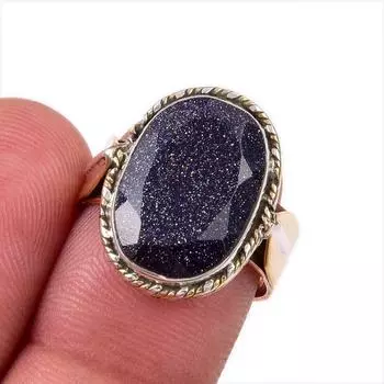 Natural Blue Sunstone Gemstone 925 Solid Sterling Silver Two Tone Ring S.7 V7P23
