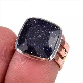 Natural Blue Sunstone Gemstone 925 Solid Sterling Silver Two Tone Ring S.6 u6h87
