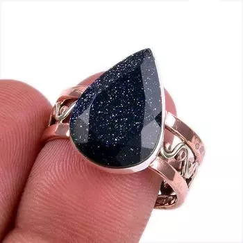 Natural Blue Sunstone Gemstone 925 Solid Sterling Silver TwoTone Ring S.8.5 L2C47