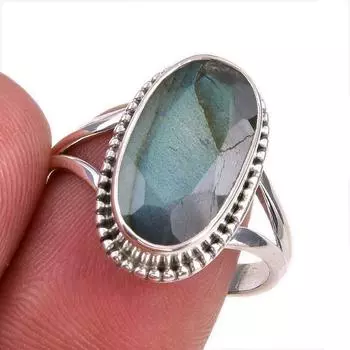 Natural Blue Sunstone Gemstone 925 Solid Sterling Silver Jewelry Ring S.8.5 u2D86
