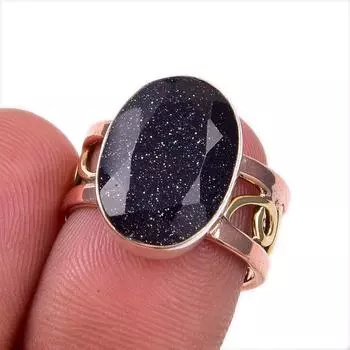 Natural Blue Sunstone Gemstone 925 Solid Sterling Silver Two Tone Ring S.6 s2e72