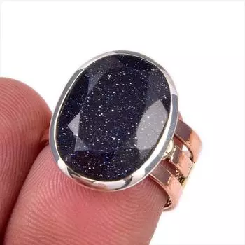 Natural Blue Sunstone Gemstone 925 Solid Sterling Silver TwoTone Ring S.5.5 W1U59