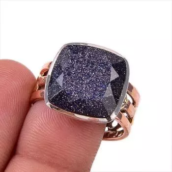 Natural Blue Sunstone Gemstone 925 Solid Sterling Silver Two Tone Ring S.10 m3V77