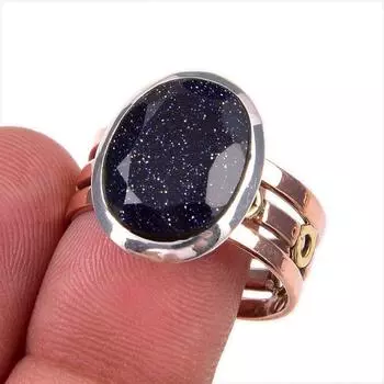Natural Blue Sunstone Gemstone 925 Solid Sterling Silver Two Tone Ring S.10 f6e78