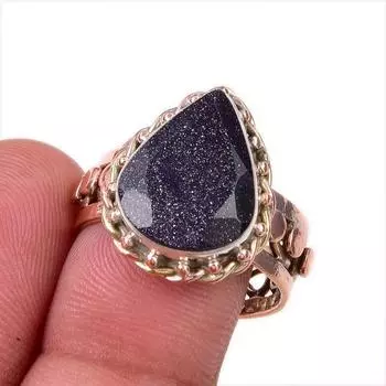 Natural Blue Sunstone Gemstone 925 Solid Sterling Silver TwoTone Ring S.8.5 y2R63