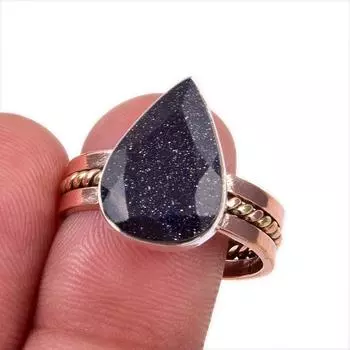 Natural Blue Sunstone Gemstone 925 Solid Sterling Silver Two Tone Ring S.10 K0b29