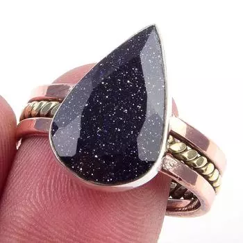 Natural Blue Sunstone Gemstone 925 Sterling Silver Two Tone Ring Size 10 e8B76