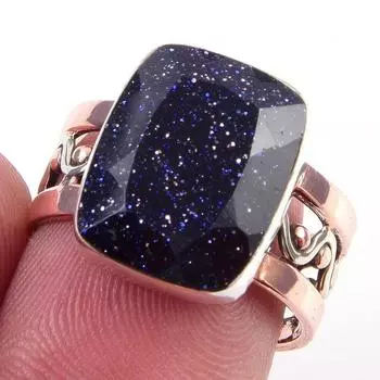 Natural Blue Sunstone Gemstone 925 Sterling Silver TwoTone Gift Ring S.7 Y2T20