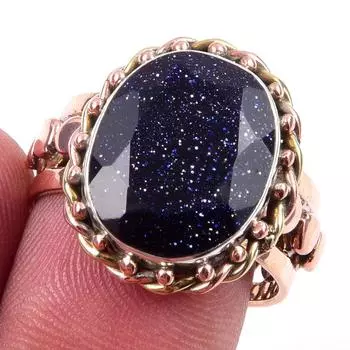 Natural Blue Sunstone Gemstone 925 Sterling Silver TwoTone Gift Ring S.8 N2m25