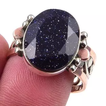 Natural Blue Sunstone Gemstone 925 Sterling Silver TwoTone Gift Ring S.9 y0I67