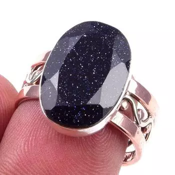 Natural Blue Sunstone Gemstone 925 Sterling Silver Two Tone Ring Size 7.5 H2i55