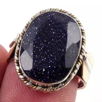 Natural Blue Sunstone Gemstone 925 Sterling Silver TwoTone Gift Ring S.7 z5j94