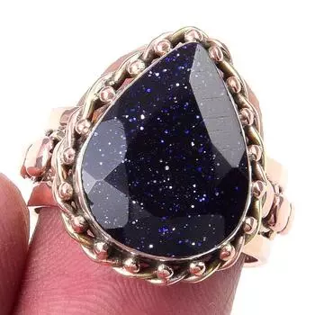 Natural Blue Sunstone Gemstone 925 Sterling Silver TwoTone Gift Ring S.7 Z6o68