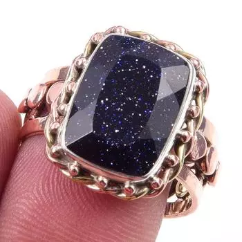 Natural Blue Sunstone Gemstone 925 Sterling Silver TwoTone Gift Ring S.9 K4Z91