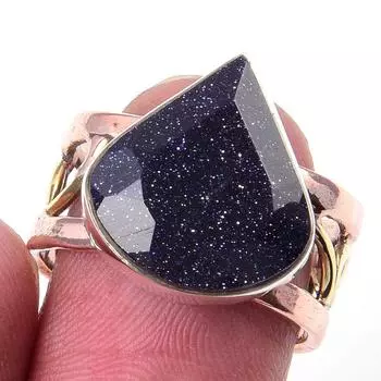 Natural Blue Sunstone Gemstone 925 Sterling Silver TwoTone Gift Ring S.7 m1n10