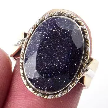 Natural Blue Sunstone Gemstone 925 Sterling Silver TwoTone Gift Ring S.7 O4e42