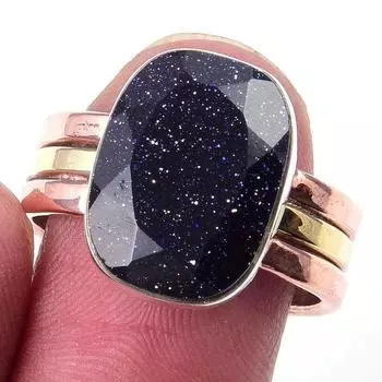 Natural Blue Sunstone Gemstone 925 Sterling Silver Two Tone Ring Size 8.5 l0q35