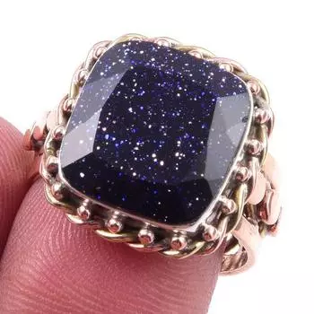 Natural Blue Sunstone Gemstone 925 Sterling Silver TwoTone Gift Ring S.8 c0g03