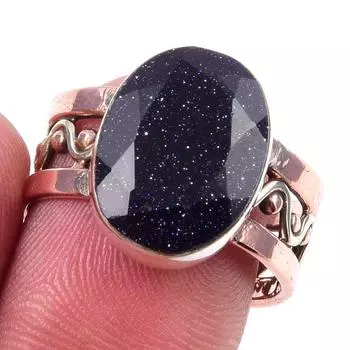 Natural Blue Sunstone Gemstone 925 Sterling Silver TwoTone Gift Ring S.8 c7N80