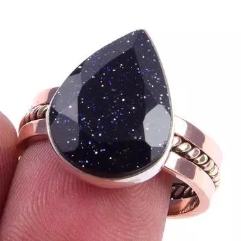 Natural Blue Sunstone Gemstone 925 Sterling Silver Two Tone Ring Size 8.5 k9e49