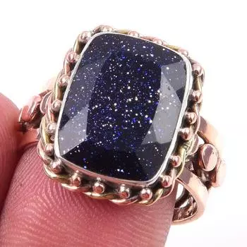 Natural Blue Sunstone Gemstone 925 Sterling Silver Two Tone Ring Size 9.5 G5L21