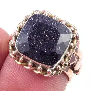 Natural Blue Sunstone Gemstone 925 Sterling Silver TwoTone Gift Ring S.6 w9C30