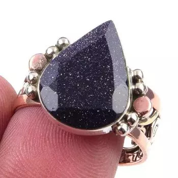 Natural Blue Sunstone Gemstone 925 Sterling Silver TwoTone Gift Ring S.6 m6b62