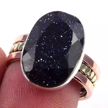 Natural Blue Sunstone Gemstone 925 Sterling Silver TwoTone Gift Ring S.7 C0d80
