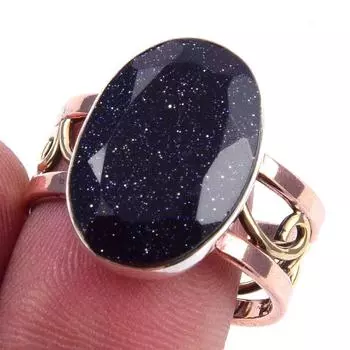 Natural Blue Sunstone Gemstone 925 Sterling Silver Two Tone Ring Size 9.5 W3Z82
