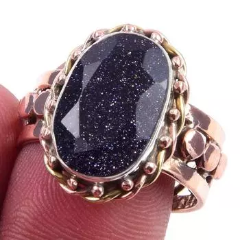 Natural Blue Sunstone Gemstone 925 Sterling Silver TwoTone Gift Ring S.9 Q9c64