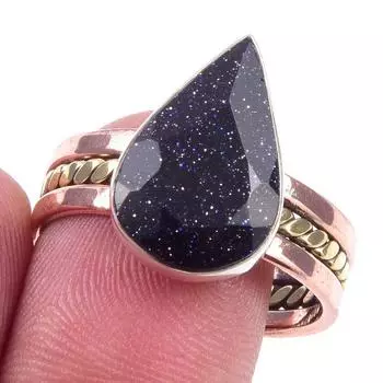 Natural Blue Sunstone Gemstone 925 Sterling Silver Two Tone Ring Size 10 l6I53