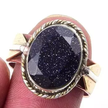 Natural Blue Sunstone Gemstone 925 Sterling Silver TwoTone Gift Ring S.8 b6i04