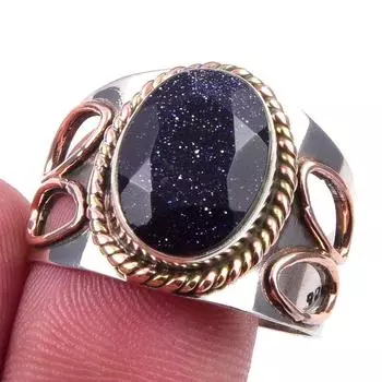 Natural Blue Sunstone Gemstone 925 Sterling Silver Two Tone Ring Size 10 w0i94