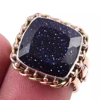 Natural Blue Sunstone Gemstone 925 Sterling Silver TwoTone Gift Ring S.7 G9v00