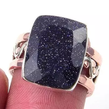 Natural Blue Sunstone Gemstone 925 Sterling Silver TwoTone Gift Ring S.6 Z0z11