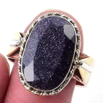 Natural Blue Sunstone Gemstone 925 Sterling Silver Two Tone Ring Size 10.5 R5K96