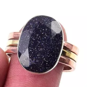 Natural Blue Sunstone Gemstone 925 Sterling Silver TwoTone Gift Ring S.9 d8E99