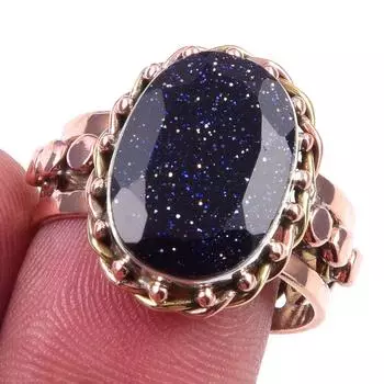 Natural Blue Sunstone Gemstone 925 Sterling Silver TwoTone Gift Ring S.9 W2K88