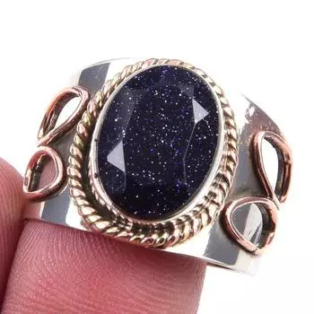 Natural Blue Sunstone Gemstone 925 Sterling Silver Two Tone Ring Size 10 E5R37