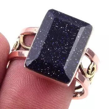 Natural Blue Sunstone Gemstone 925 Sterling Silver TwoTone Gift Ring S.9 O0s65
