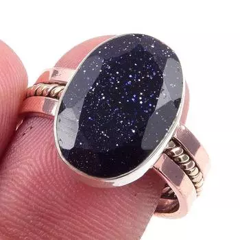 Natural Blue Sunstone Gemstone 925 Sterling Silver TwoTone Gift Ring S.9 S8q15