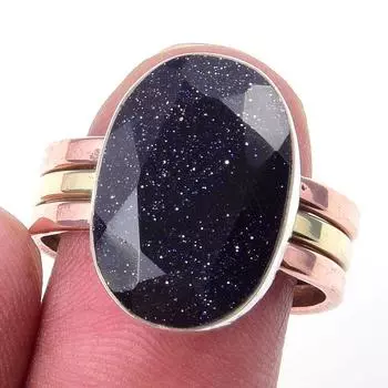 Natural Blue Sunstone Gemstone 925 Sterling Silver TwoTone Gift Ring S.9 t7R60