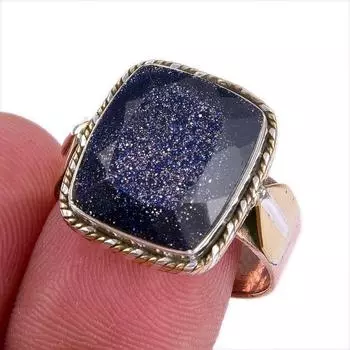 Natural Blue Sunstone Gemstone Two Tone 925 Sterling Silver Ring Size 8.5 N5d79