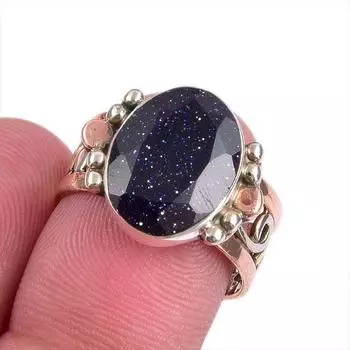 Natural Blue Sunstone Gemstone Two Tone 925 Sterling Silver Gift Ring S.7 h7v20