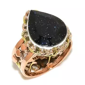 Natural Blue Sunstone Gemstone Two Tone 925 Sterling Silver Gift Ring S.9 Z9H01