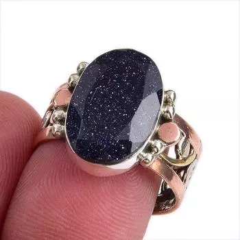 Natural Blue Sunstone Gemstone Two Tone 925 Sterling Silver Ring Size 7.5 F9d35